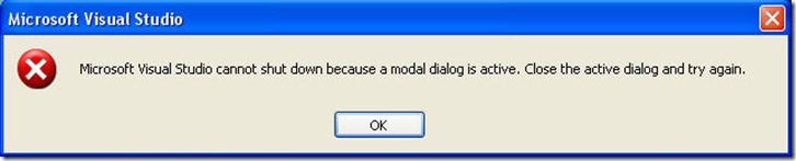 Microsoft Visual Studio cannot shut down because a modal dialog is active. Close the ac_microsoft
