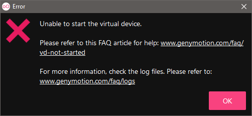 Genymotion报错Unable to start the virtual device_Android