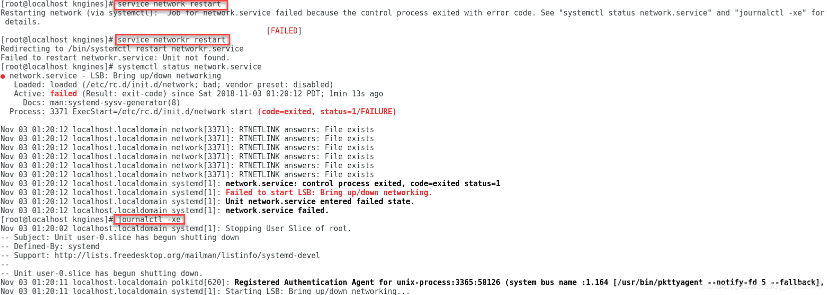 CentOS 7: Restarting network (via systemctl):  Job for network.service failed_重启