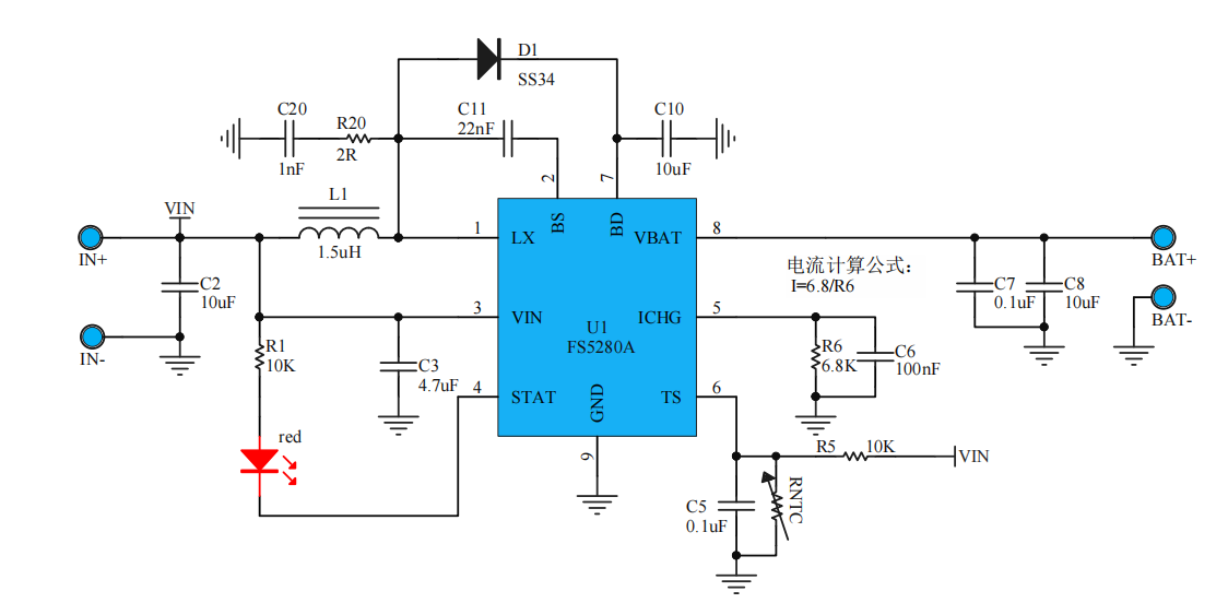 FS5280A是5V输入高精度双节锂离子电池充电管理芯片_原理图