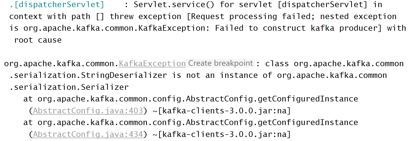 spring集成kafka运行时报错：Failed to construct kafka producer] with root cause