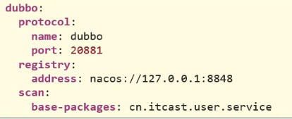 dubbo: 
protocol : 
name: dubbo 
port: 
registry: 
address: 
scan : 
base- packages : 
• //127.ø.e.1:8848 
cn. itcast. user. service 
