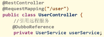 @RestControIIer 
public class user-controller { 
pubboReference 
private user-Service user-service; 