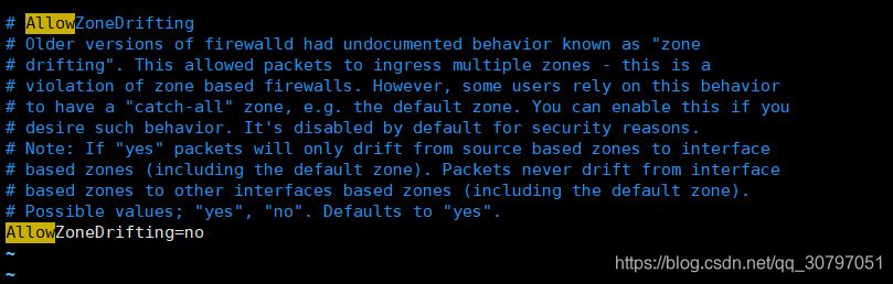 Centos8 firewalld WARNING: AllowZoneDrifting is enabled. This is considered an insecure configurat_vim_02