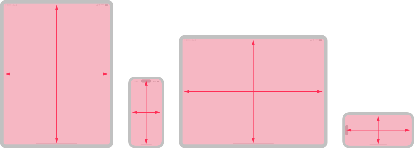 An illustration of an iPad and an iPhone in both portrait and landscape orientations. Each device in each orientation includes a red screen and arrowed lines that indicate the full height and width of the screen.